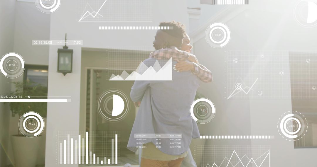 Modern Couple Embracing Outdoors with Digital Interface Overlays