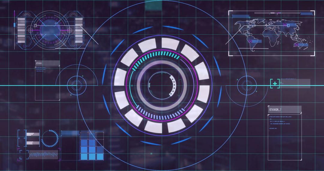 Futuristic Digital Interface with Circular Hub and Grid Data