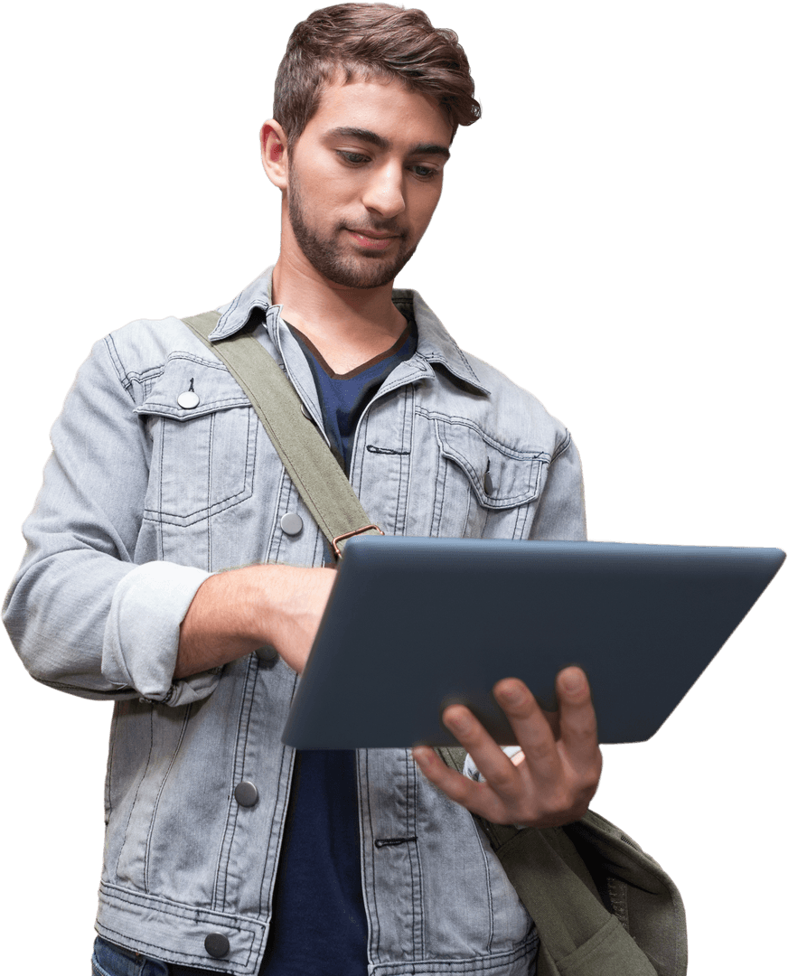 Young Man using Tablet for Study Transparent Background