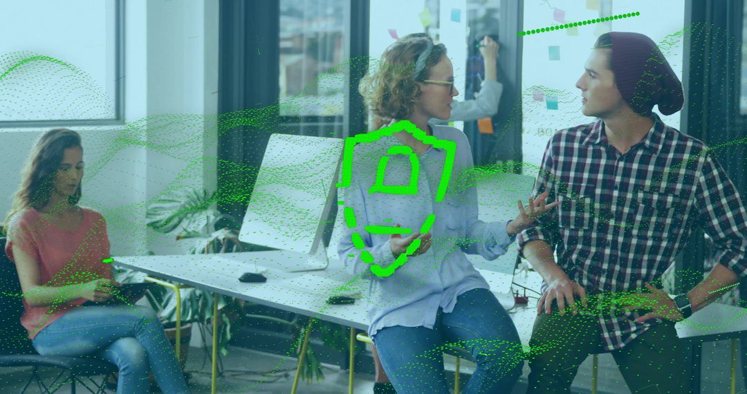 Team collaborating in modern startup workspace with writable glass and digital security overlay