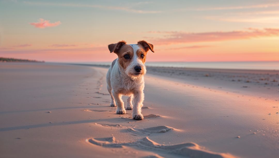 Small Terrier Dog Exploring Coastal Sunset Beach