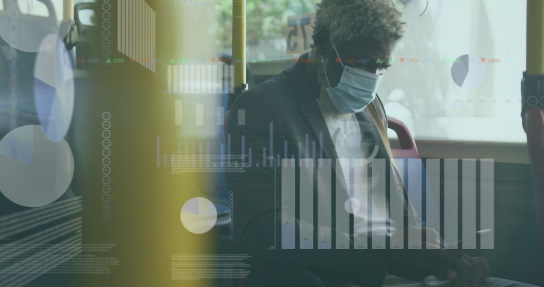 Man with Face Mask Using Smartphone and Digital Data Visualization