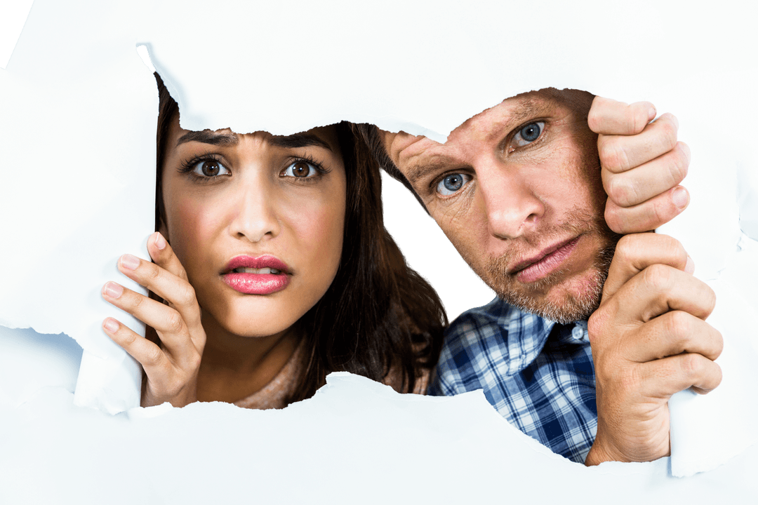 Couple Peeking Through Torn Transparent Paper Look Anxious