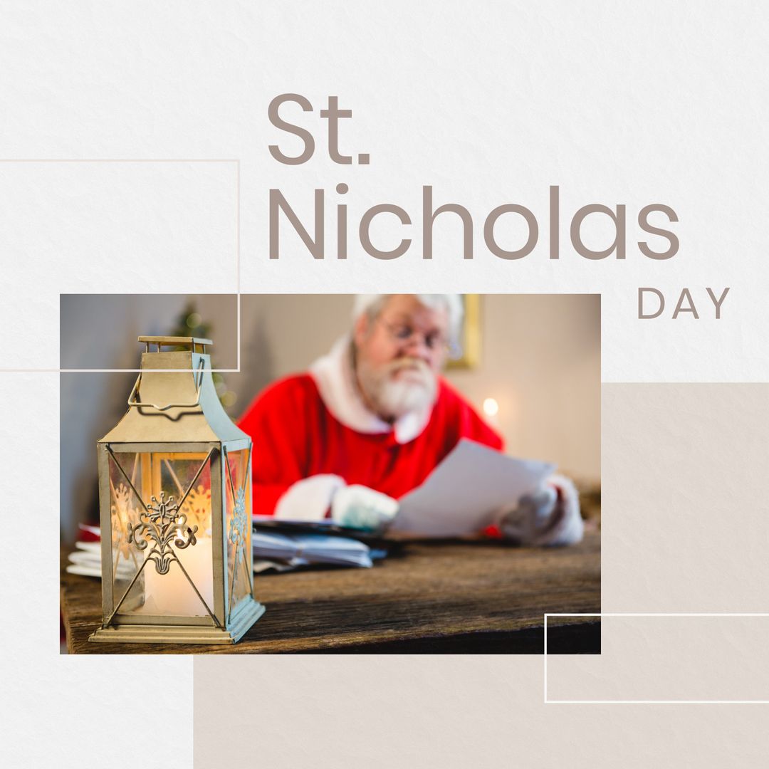 Santa Claus Reading Letter on St. Nicholas Day with Lantern