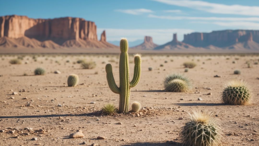 Saguaro cactus highlighted in expansive drought-affected desert landscape