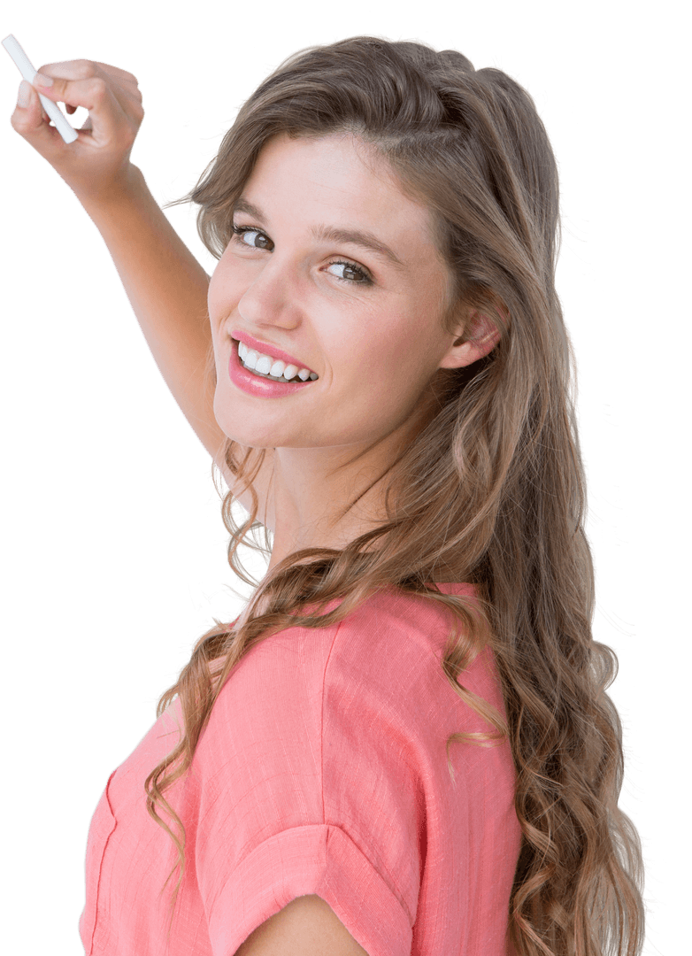 Smiling Woman Writing Using Chalk on Transparent Background