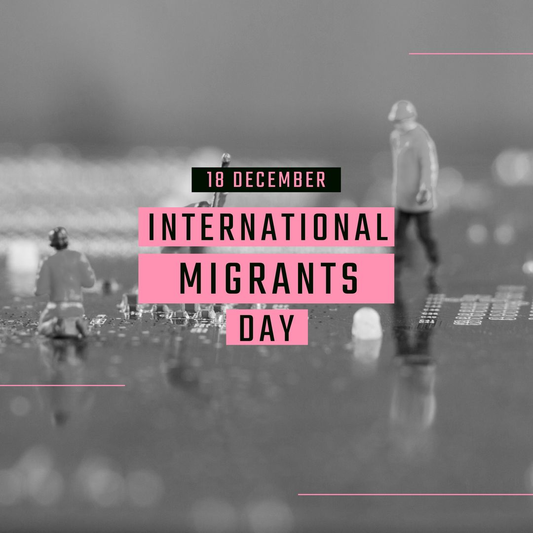 International Migrants Day Text Over Black and White Street Scene