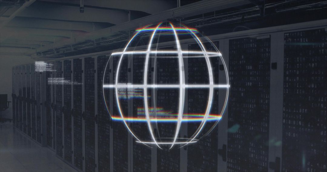 Holographic Globe Inside Futuristic Data Center with Server Racks
