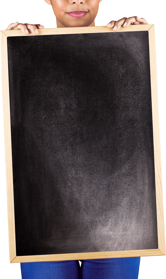 Woman Holding Blank Chalkboard with Transparent Background