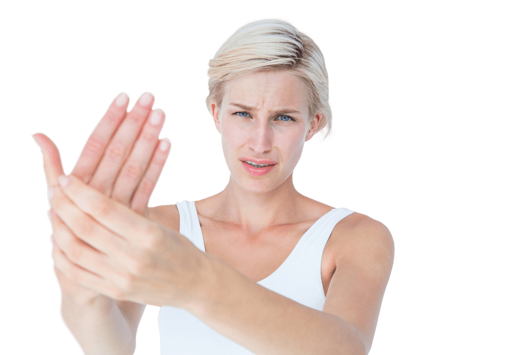 Transparent Background Woman Experiencing Hand Pain Closeup