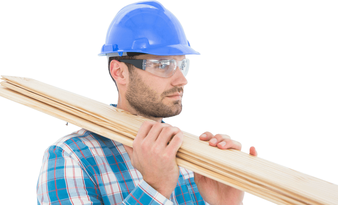TransparentBuilder Carrying Wooden Planks with Confidence and Safety Gear