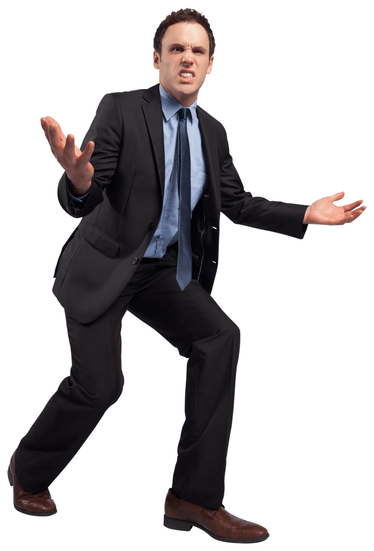 Businessman Expressing Frustration with Arms Outstretched Transparent Background