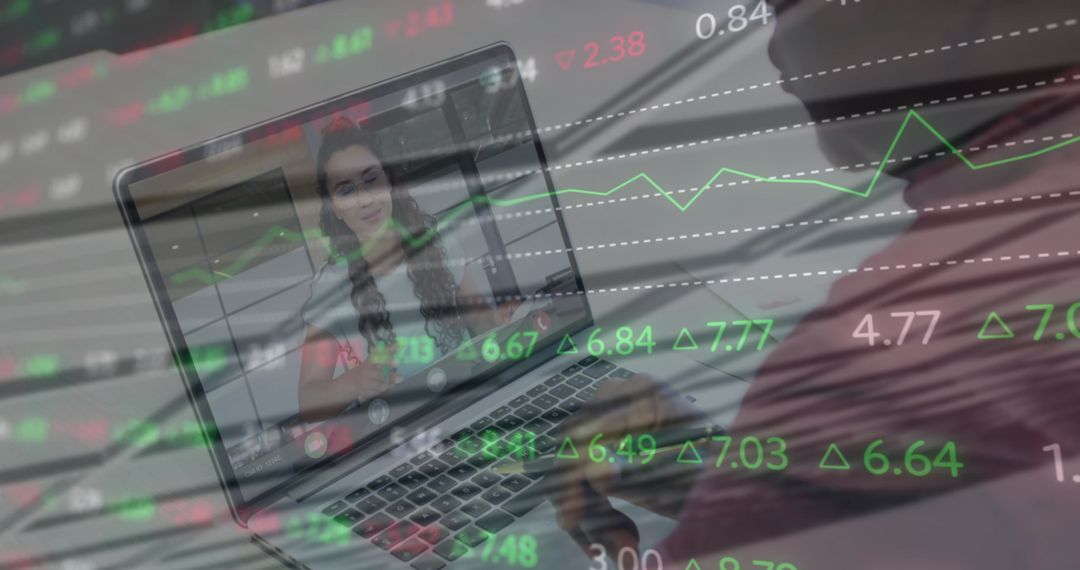 Stock Market Data Overlay during Video Call on Laptop