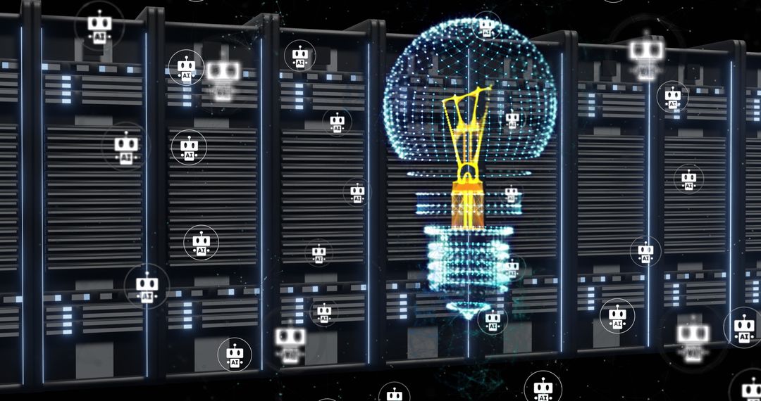 Futuristic AI Concepts with Lightbulb Over Server Banks