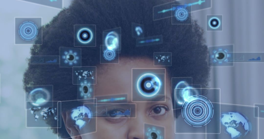 Woman Using Futuristic Holographic Interface for Data Visualization