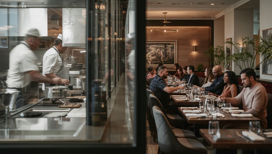 Chefs Cooking Behind Glass While Smart-Casual Diners Chatting at Long Communal Table