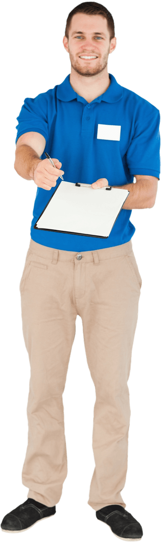 Transparent Sales Assistant Smiling with Pen and Clipboard