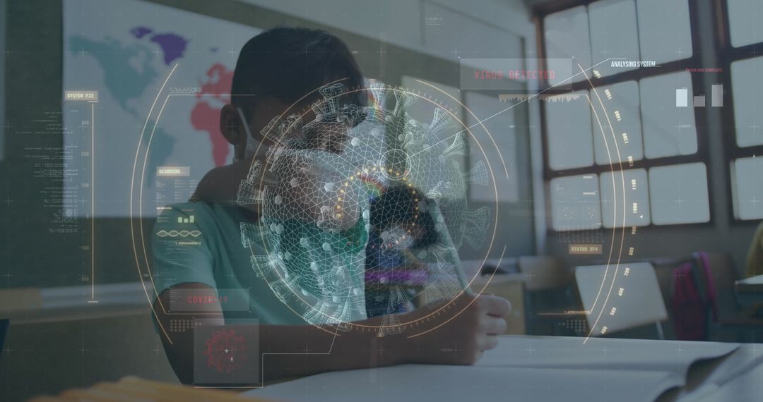 Schoolboy Sneezing in Classroom with Digital COVID-19 Overlay