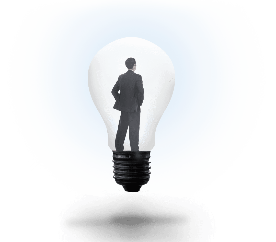 Transparent Light Bulb Holding Pensive Businessman Inside