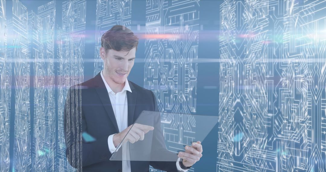 Focused Businessman Using Transparent Tablet in Futuristic Setting
