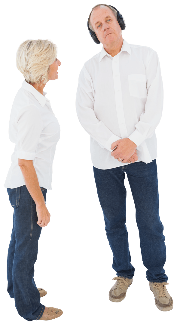 Ignored by Partner: Elderly Couple Interaction, Senior Man Wearing Headphones, Transparent