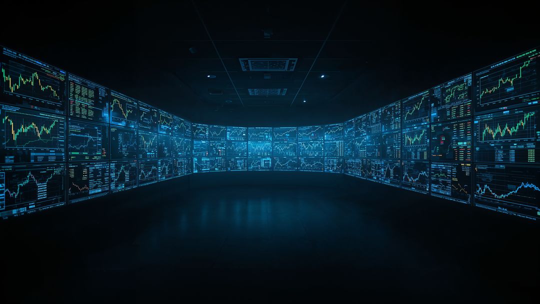 Futuristic Control Room with LED Display Panels Showing Financial Data