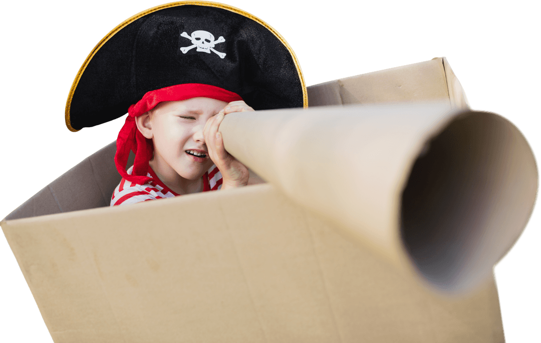 Creative Playful Child Wearing Pirate Costume with Cardboard Box and Telescope