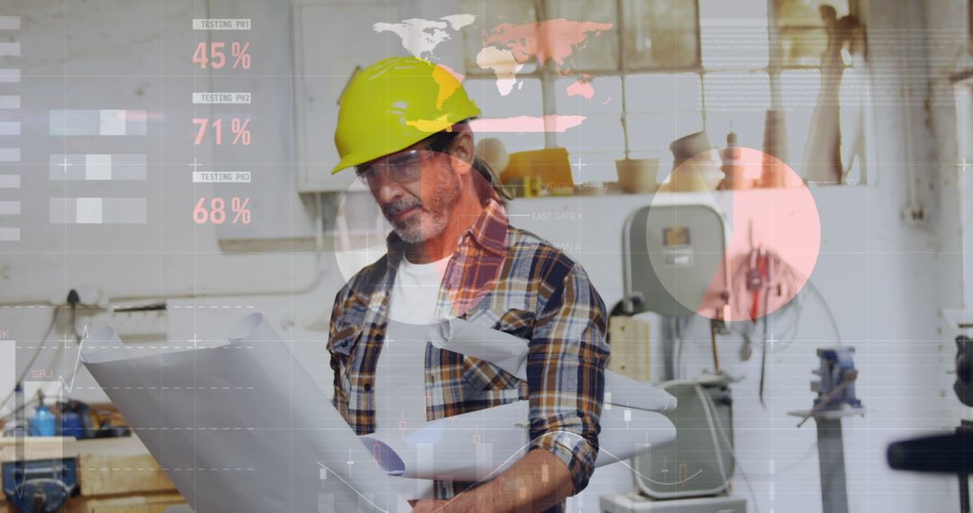 Architect in Studio Analyzing Plans and Digital Data Overlay