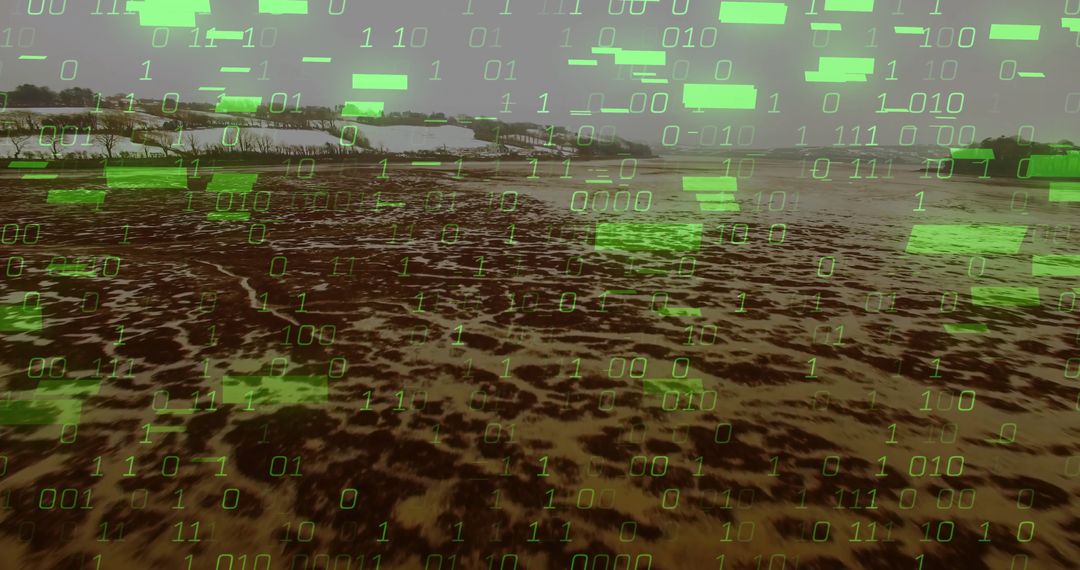 Neon Green Binary Code over Mudflats Symbolizing Digital Innovation