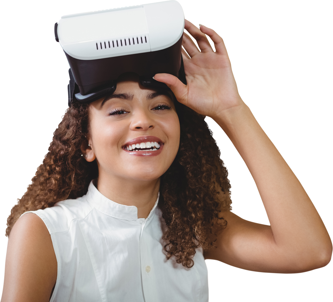 Happy Woman Wearing Transparent Virtual Reality Simulator - Download Free Stock Images Pikwizard.com