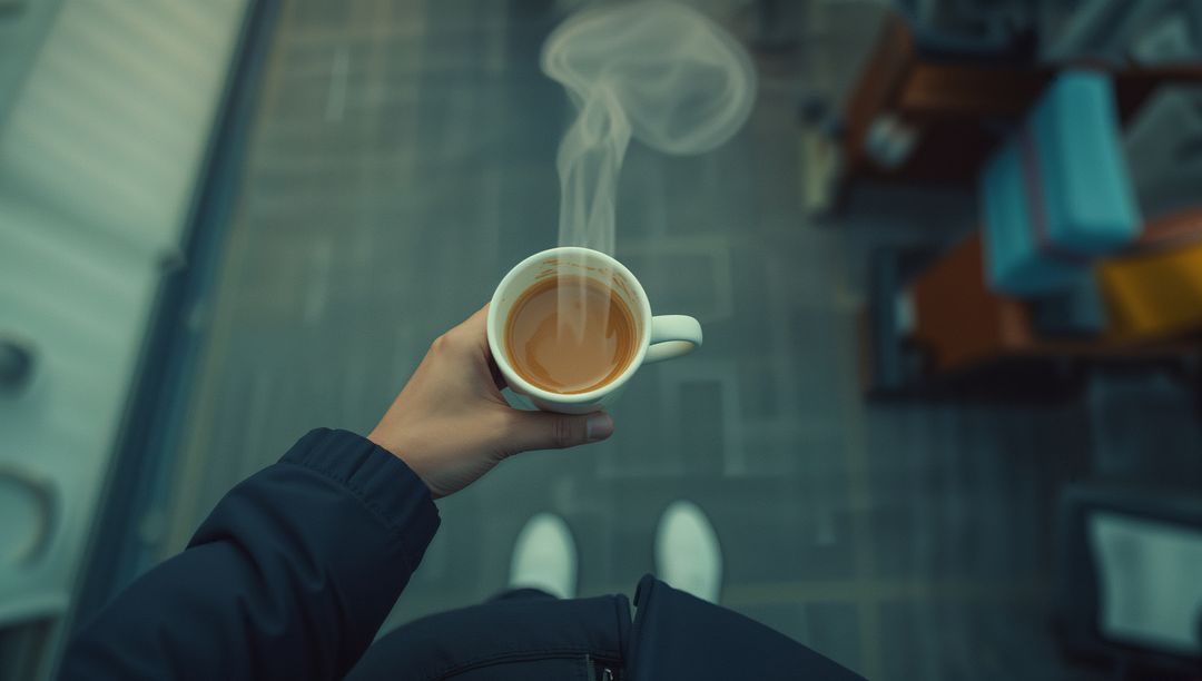 Relaxing with Steaming Coffee on Chic Urban Balcony