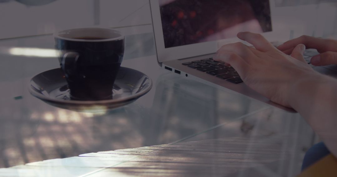 Blurred Commuters with Woman Using Laptop and Coffee