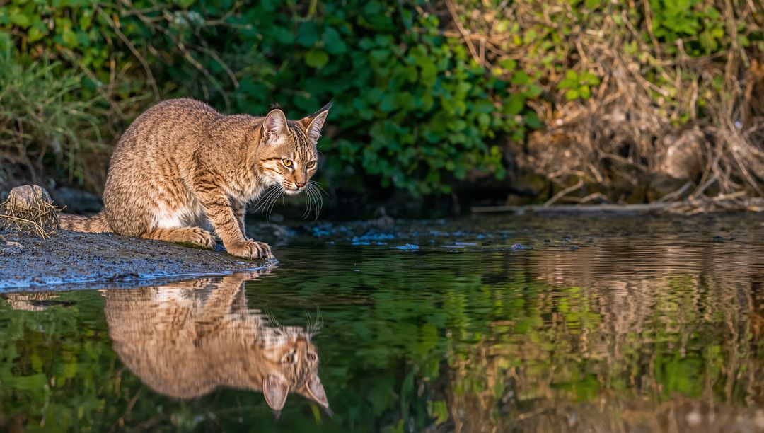 Crouching Brown Tabby Cat Peering into Creek with Clear Reflection, Riparian Habitat