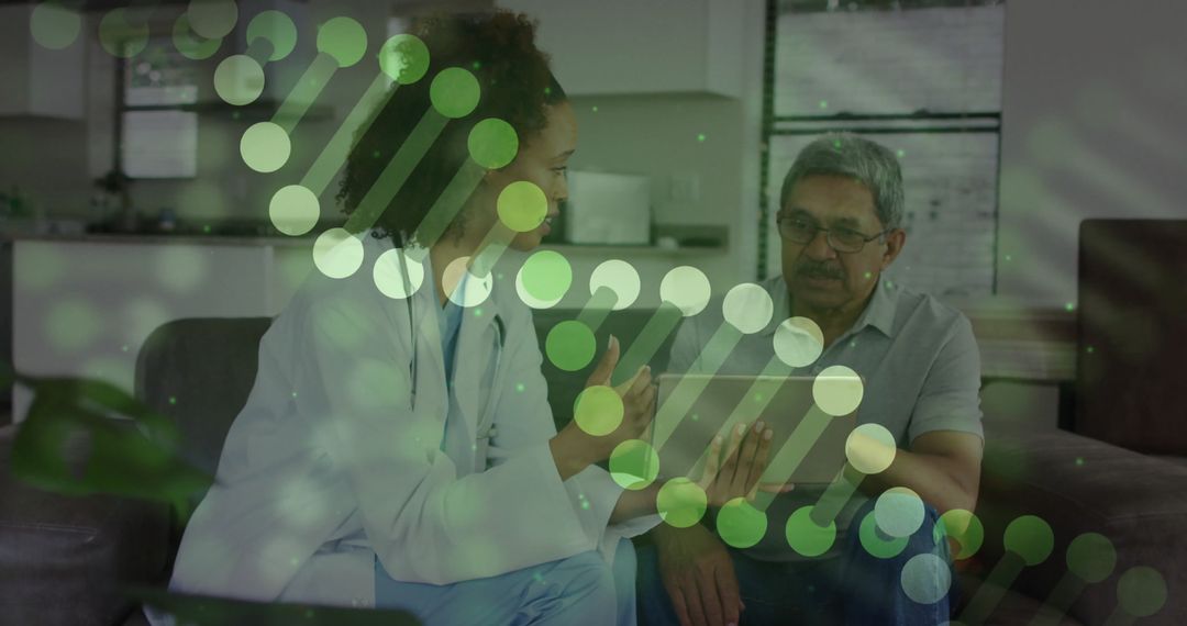 Doctor Consulting Senior Patient with DNA Overlay for Enhanced Health Insights