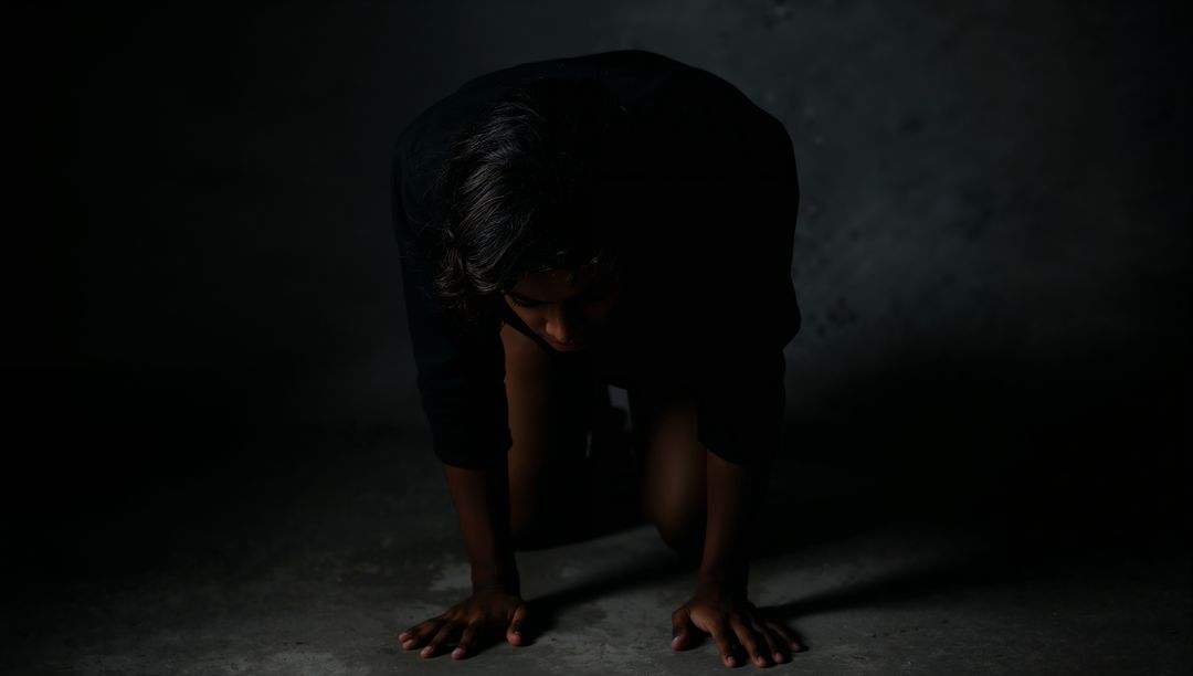 Solitary figure kneeling on floor under dramatic lamp light creating moody chiaroscuro
