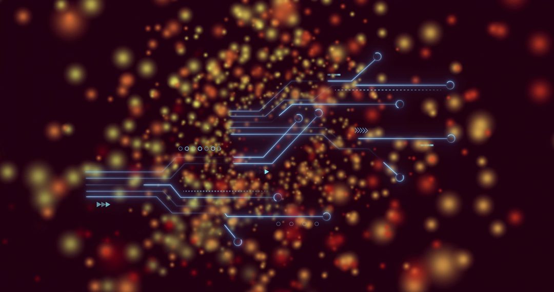 Neon Blue Circuit Lines Connecting Nodes Through Warm Bokeh Particles for Tech Design