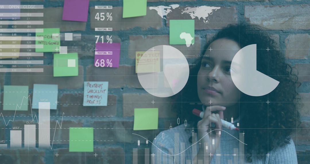 Businesswoman Analyzing Data on Brick Wall with Sticky Notes and Charts