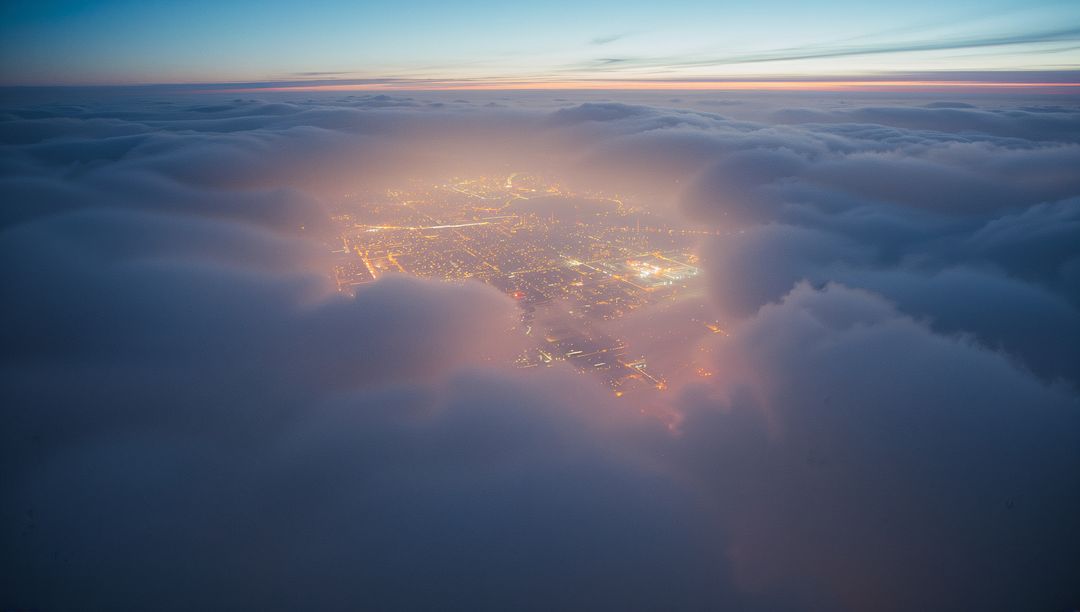 Glowing City Lights Through Dense Clouds at Twilight