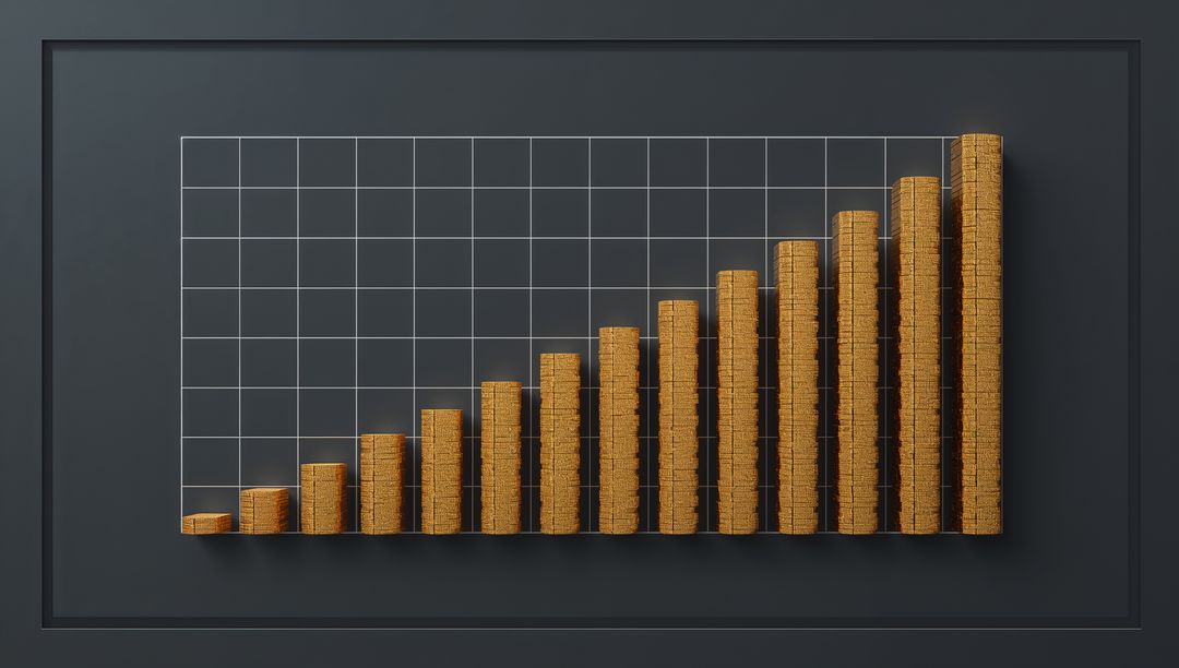 Rising Gold Coin Bar Chart on Dark Matte Grid Panel Representing Financial Growth Metrics