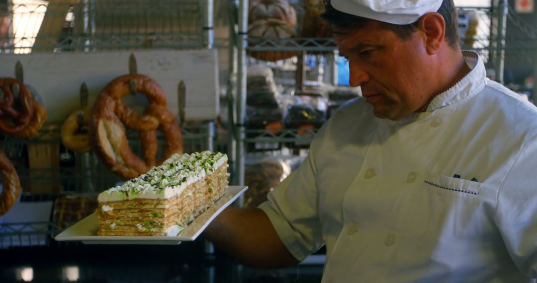 Male baker examining freshly prepared mille-feuille in bakery - Free Images, Stock Photos and Pictures on Pikwizard.com