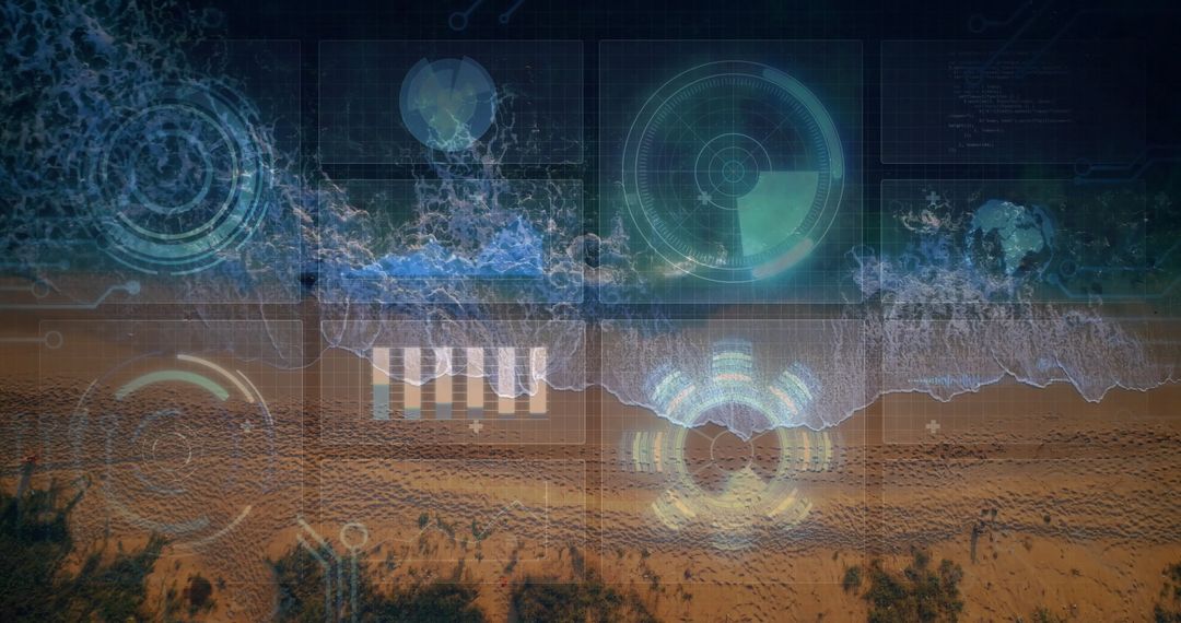 Futuristic HUD Displays Aerial Holographic Data Over Coastal Scene