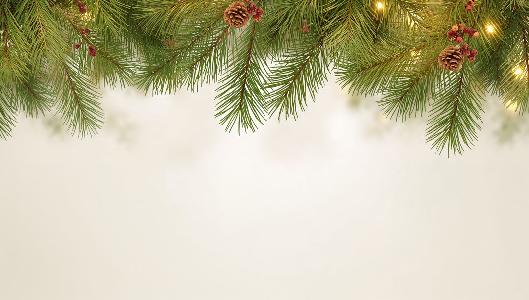 Fir garland framing with pine cones, red berries and warm lights on cream backdrop