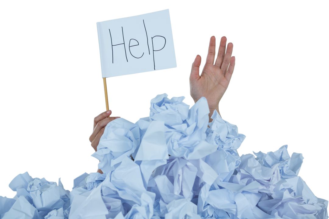 Conceptual image of woman in heap of crumple paper asking for help - Free Images, Stock Photos and Pictures on Pikwizard.com