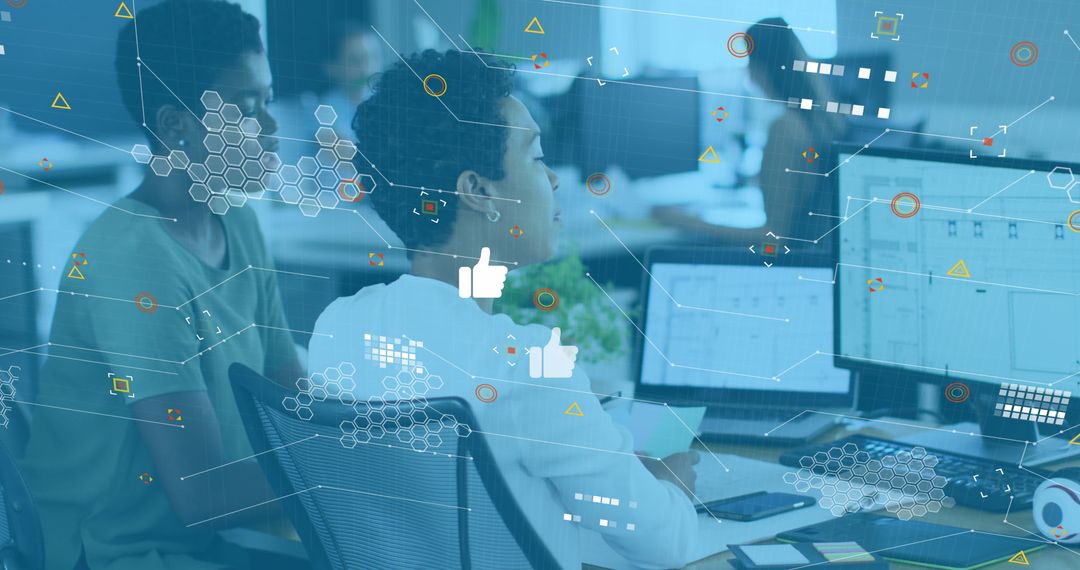 Digital Network Overlay on Diverse Team Working in Modern Office