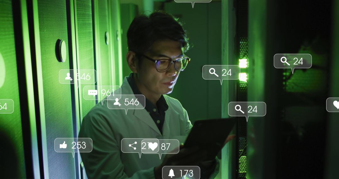 Technical Analyst Exploring Digital Metrics in Server Room