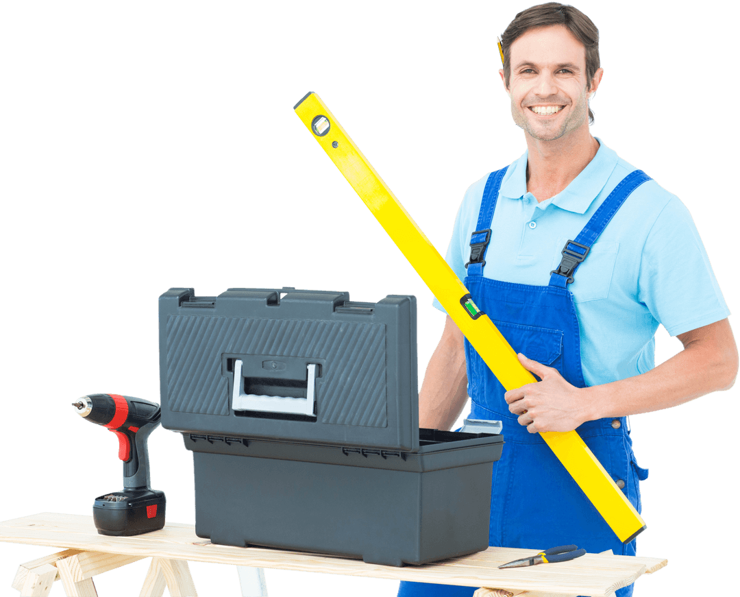 Smiling Carpenter with Transparent Tool Setup and Spirit Level