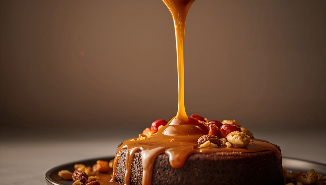 Glossy caramel pouring over rich chocolate cake with nuts and cherries topping