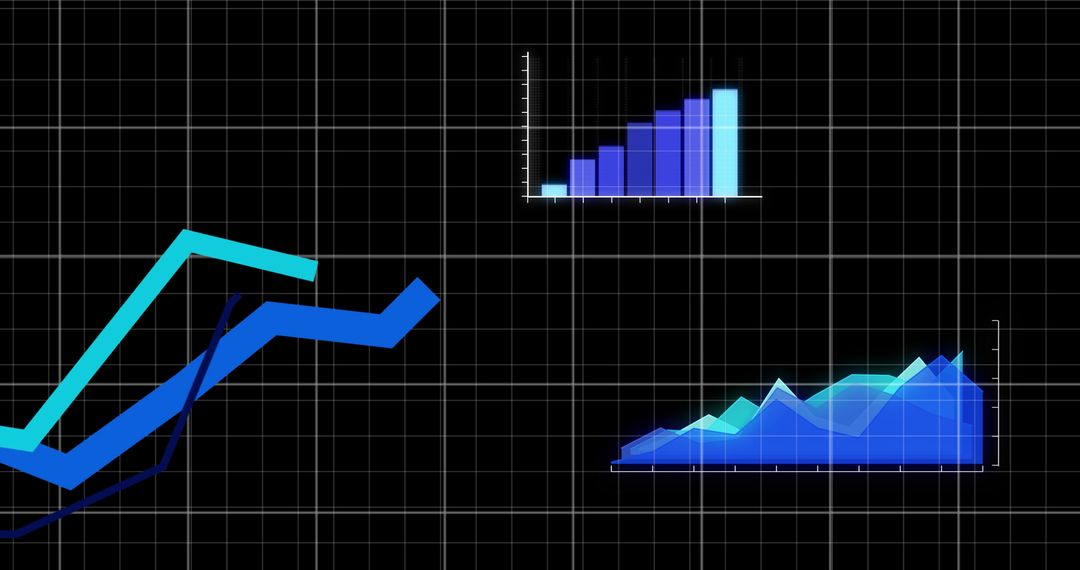 Digital Data Visualization with Graphs and Charts on Dark Grid Background