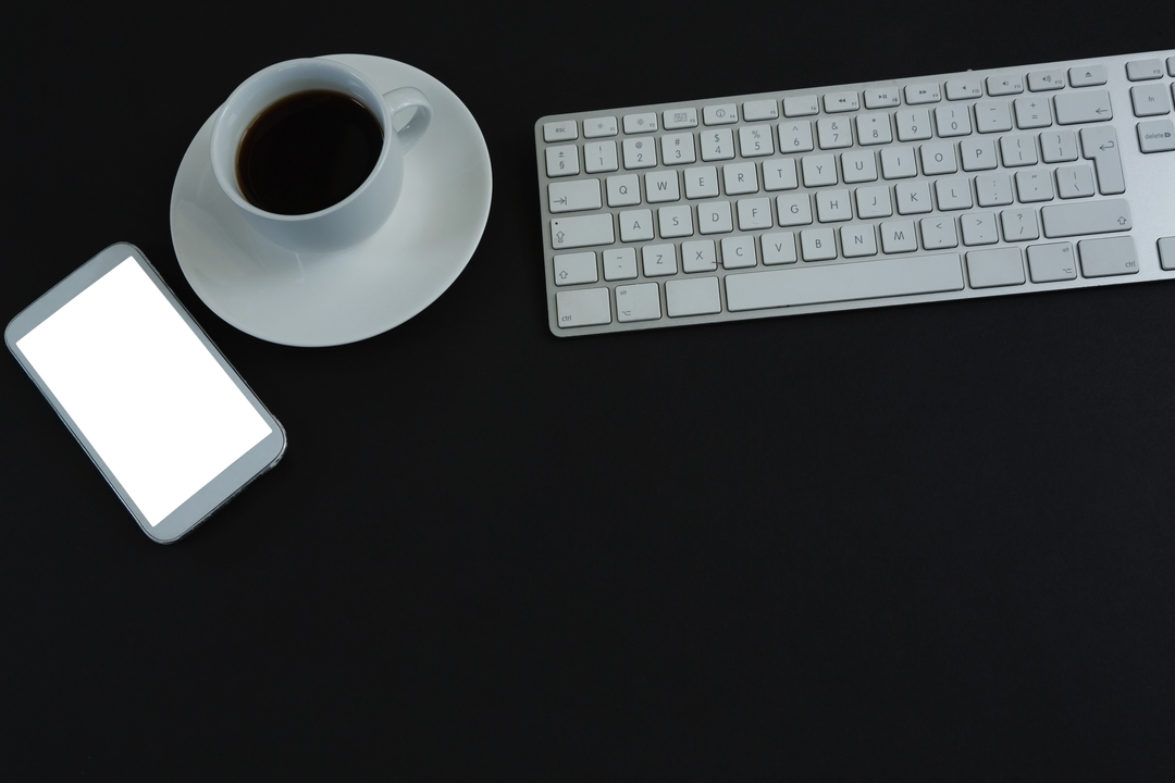 Transparent Flat Lay of Keyboard, Mobile Phone and Coffee on Black Office None - Download Free Stock Images Pikwizard.com