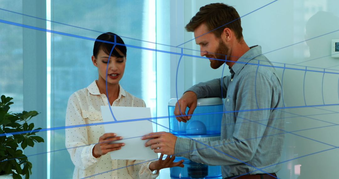 Business Discussion with Technical Overlay in Modern Office